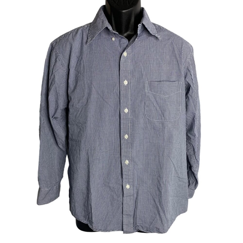 Club Room Gingham Button Down Shirt L Blue Long Sleeve Chest Pocket Collar